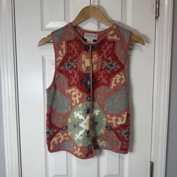 Handmade Sweaters - Vintage Handmade Artisan Wear Sweater Vest Womens Large Multicolor Knit